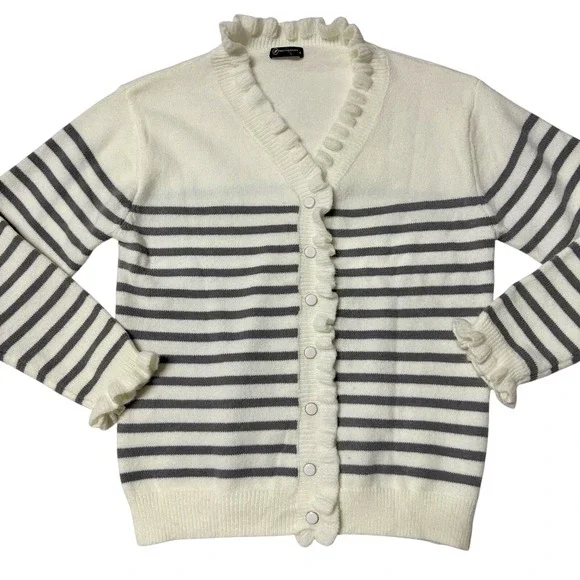 Pretty Garden Cardigan Sweater Women M Stripes Nautical Buttons Soft Ruffle - Picture 3 of 9